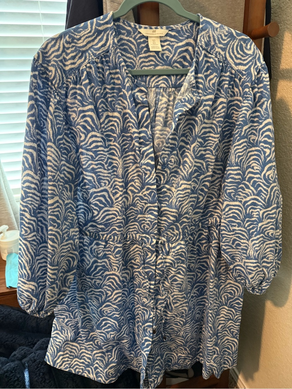 Blue and White Printed Button-Front Dress
